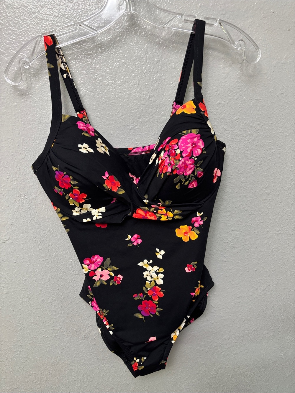 Lands' End Black One-Piece Swimsuit with Pink, Red and Yellow Floral Print. New